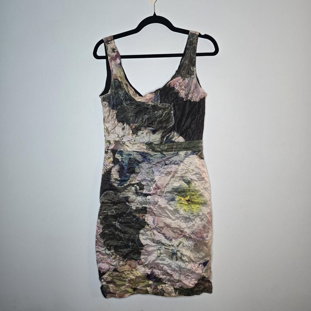 Nicole Miller Vintage Y2K Floral Watercolor Midi Dress Crinkle Bodycon Womens 10